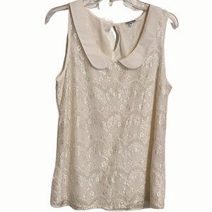 Daniel Rainn Ivory Lace Overlay Fairycore Demure Sleeveless Top Peter Pan Collar